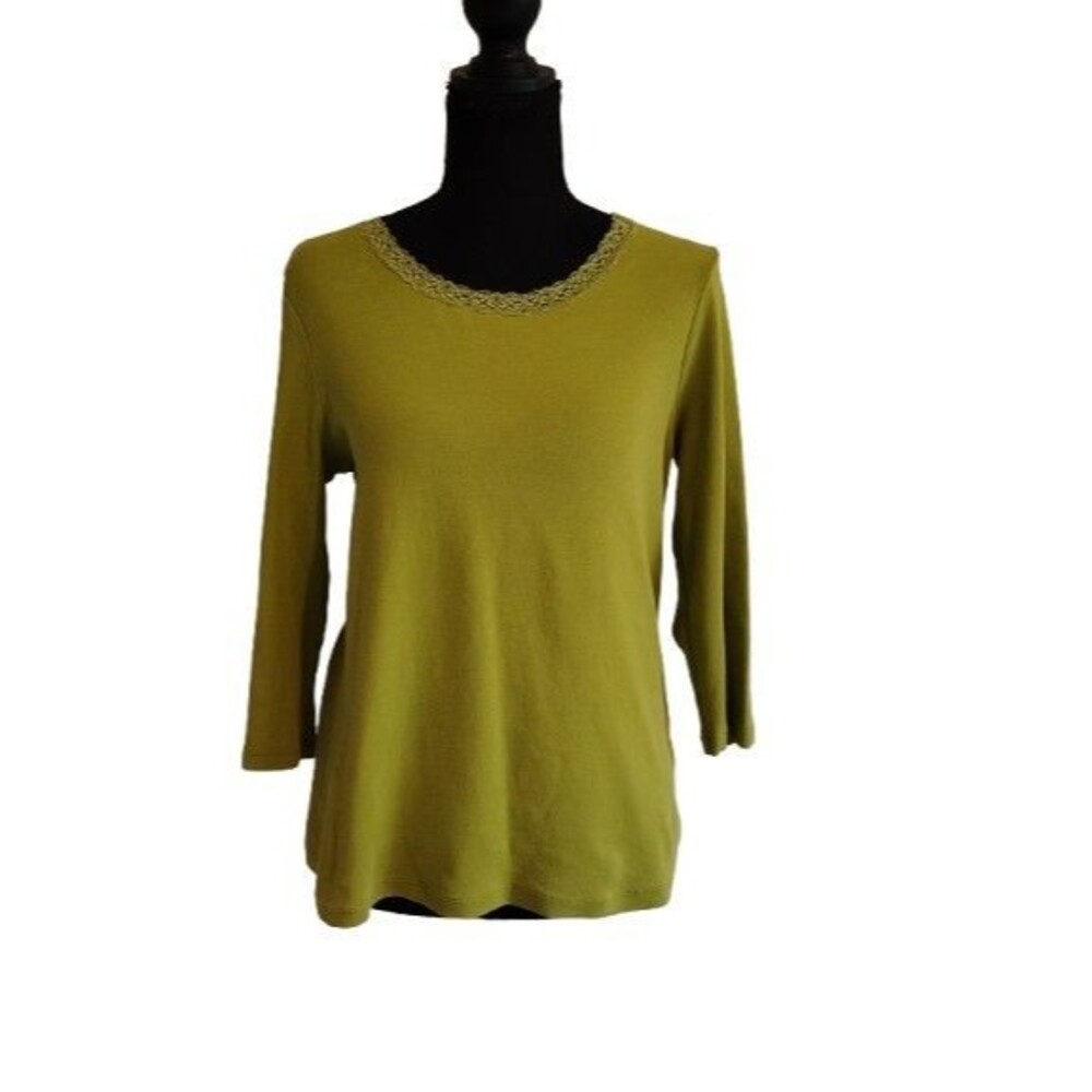 Laura Ashley Olive Green Lace Trim Neck Top Size S Cotton Blend Elevated Basic